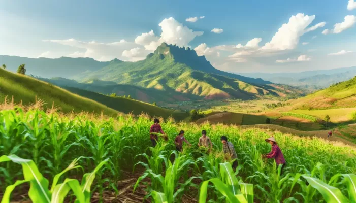 Cánh đồng ngô bội thu ở Sơn La với người nông dân dân tộc Thái đang thu hoạch, thành quả của việc dùng phân bón hữu cơ.