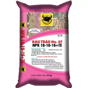 Phân bón Đầu Trâu No.07 NPK 16-16-16+TE chuyên dùng cho cây ăn quả, rau màu, hoa cảnh giúp cây phát triển đồng đều, sai quả, chất lượng ngon ngọt.